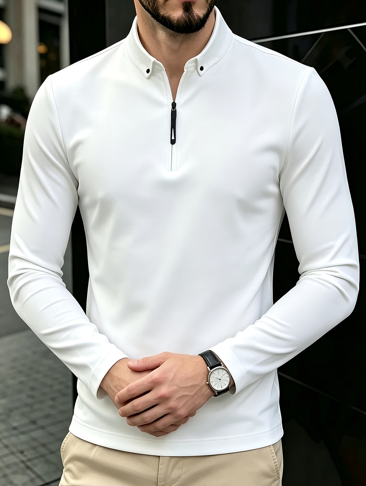 Men's Polo Shirt with Half-Zip, Long Sleeves, Collared, Slim Fit, Solid Color Base Layer for Spring/Autumn, Casual and Stylish - White