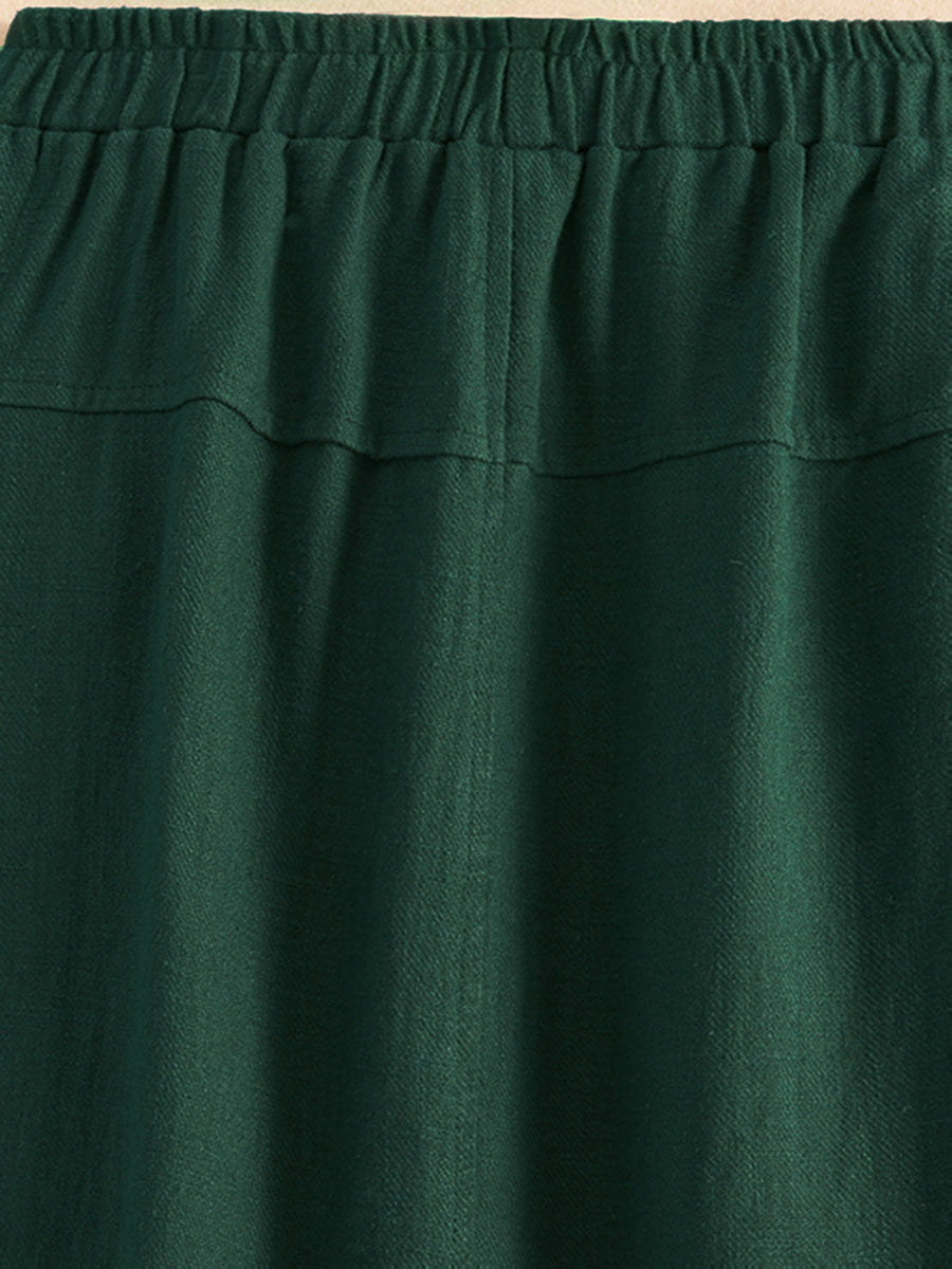 New Spring Summer Autumn Thin Korean Style Linen Loose Half Skirt with Pockets, Elastic Waist Linen Dress, Mid-Length Lantern Hem Women'S Skirt - Dark Green