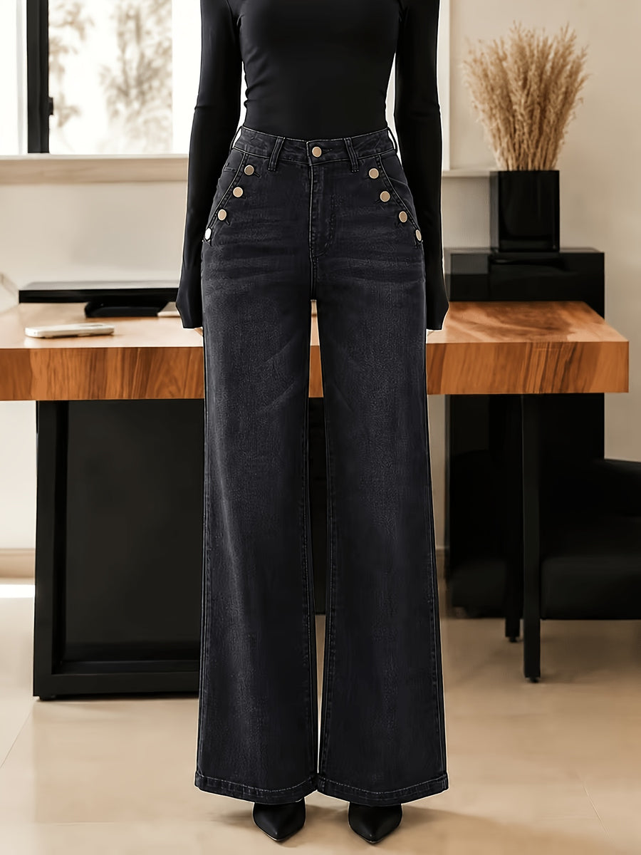 26AW Women'S Stretch Denim Jeans, Front Pocket Multi-Button Design, Classic Black Washed Color with Cat Whisker Horse Bit Craft, Mid-Rise Straight Leg Leg-Lengthening Style - Black