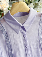 Women'S New Solid Lace Patchwork Button-Up Long Sleeve Shirt, Fashionable Elegant Vacation Commute Outdoor Daily Date Party Afternoon Tea Shirt Top Jacket, Suitable for All Seasons - Violet