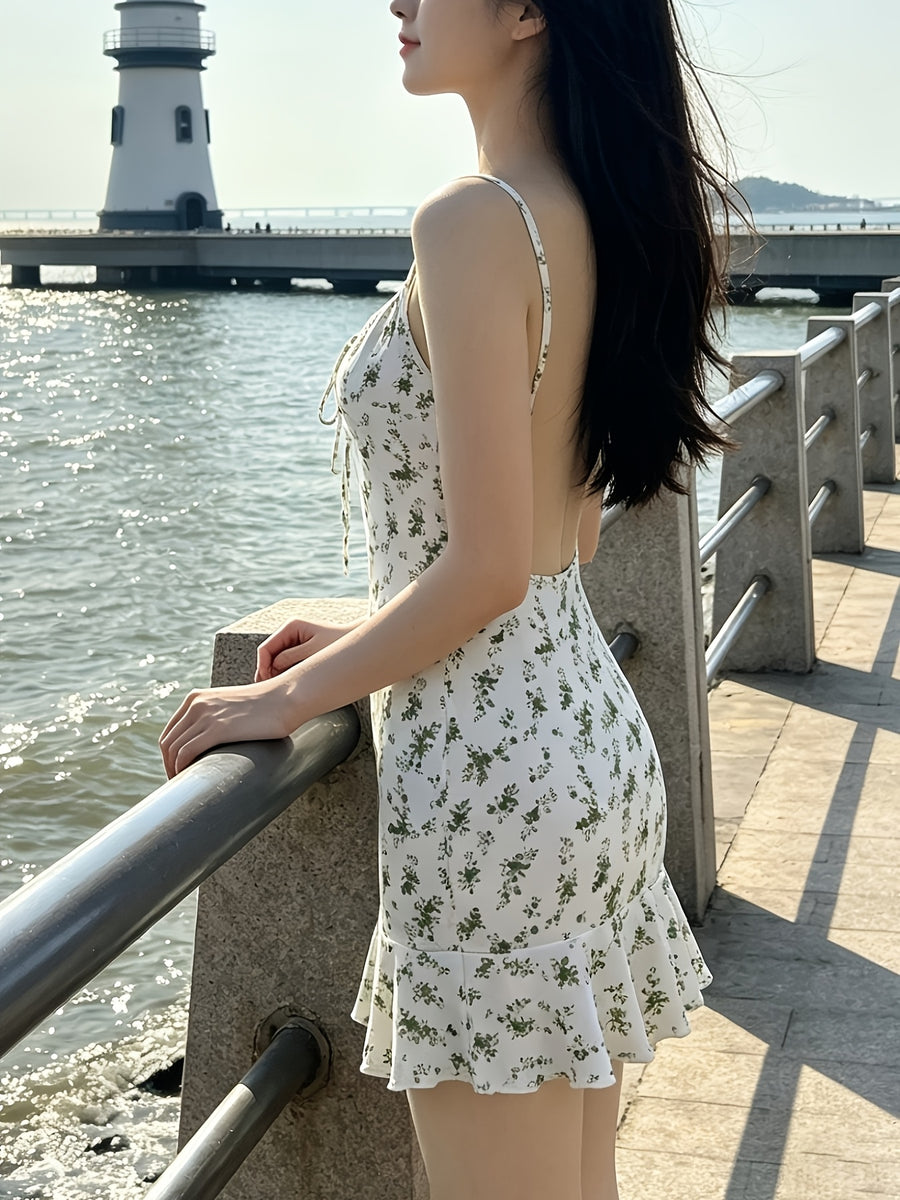 Pure-desire Style Floral Print Slip Dress with Off-shoulder, Ruffled, and Open-back Design, Suitable for Vacations, Dates, and Daily Outings - Green