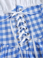 Vintage Plaid Patchwork Women's Dress, Summer Dress, Vacation Outfit, Summer Women's Wear, Suit Style Women's Dress, Country Style, Beach Vacation Outfit, Bohemian Style Women's Dress, Easter Dress, Old Money Style, Fashionable Elegant Beautiful - Blue And White