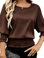 Casual Round Neck Lantern Sleeve Ruffled Women'S Long Sleeve Shirt, Suitable for Spring Summer Fall - Coffee Color