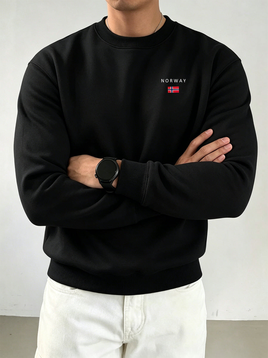 Men's Left Chest "NORWAY" Norwegian Flag Letter Small Print Crew Neck Sweatshirt, Solid Color Loose Fit Casual Pullover Long Sleeve Commuter Top - Black