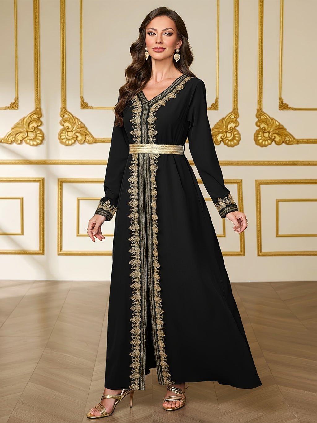 Ramadan Limited Edition Apparel, Vintage Black Base Gilded Embroidered Trim Robe, Lace-Up Waist Style Women'S Dress - Black