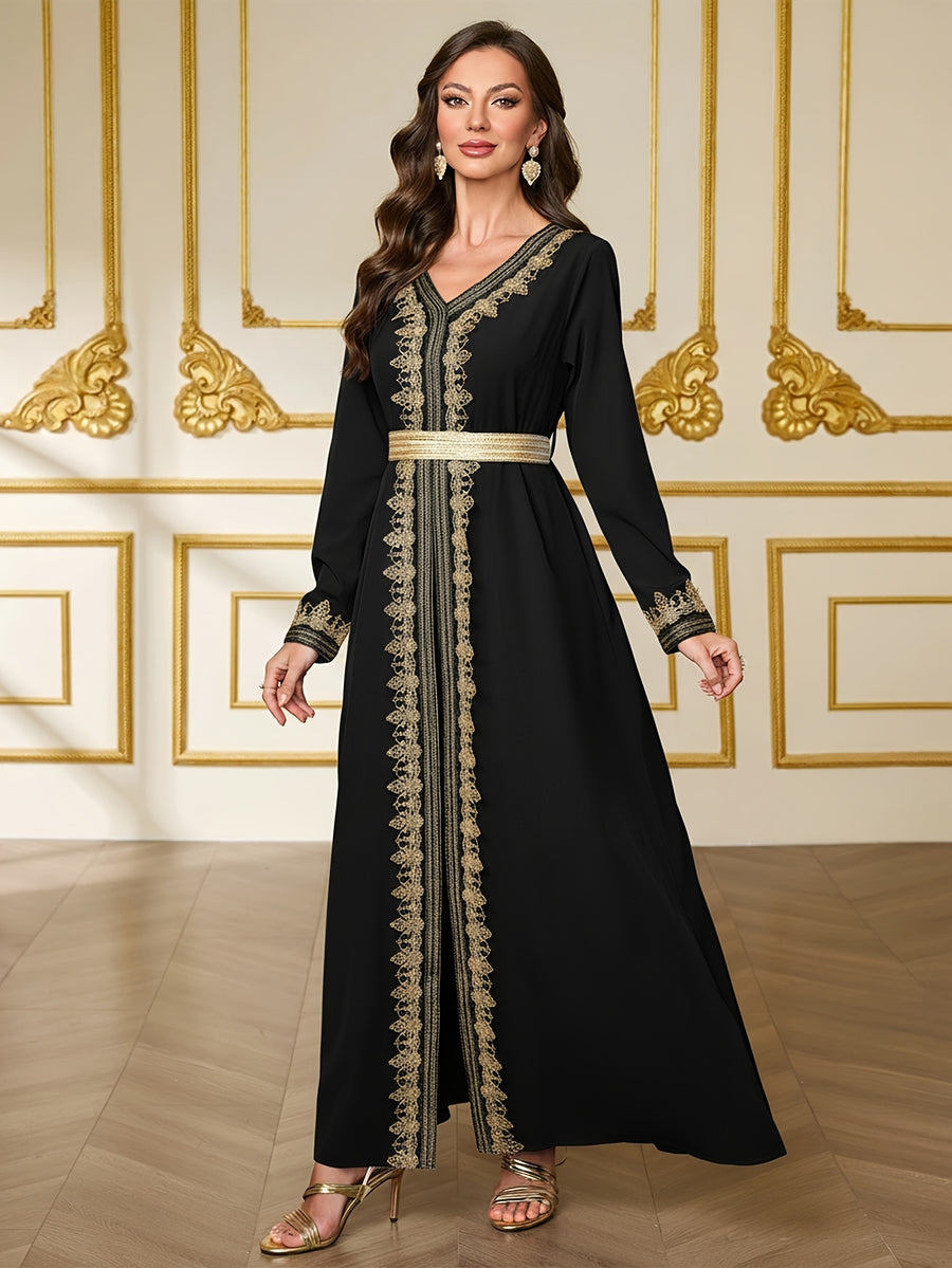 Ramadan Limited Edition Apparel, Vintage Black Base Gilded Embroidered Trim Robe, Lace-Up Waist Style Women'S Dress - Black