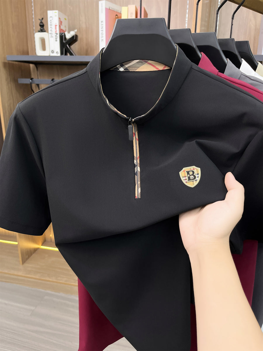 [Pearson OBM] Men'S T-Shirt New Short Sleeve Polo Shirt Mandarin Collar Easy Business Casual Premium Top Mido - Black