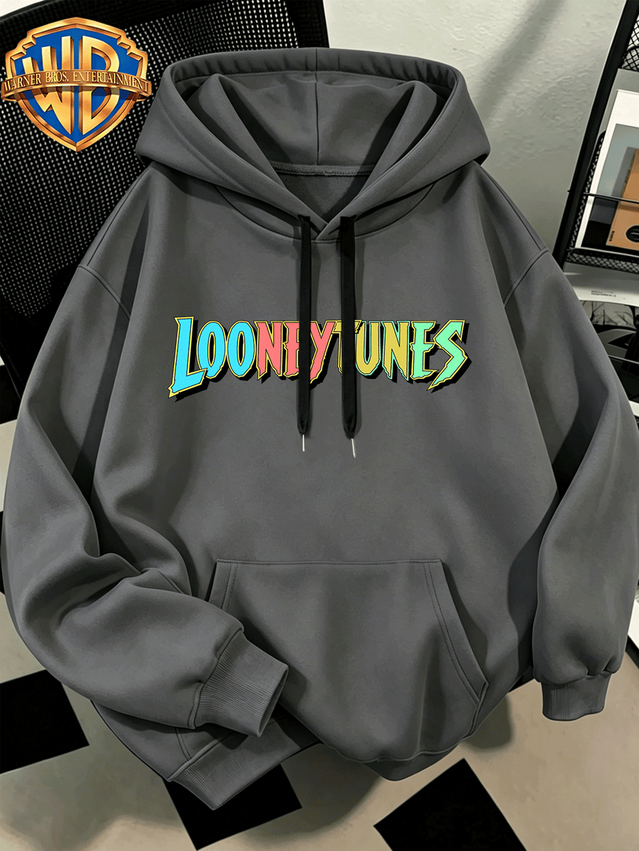 WB Men's. Official Licensed Hooded Sweater Hoodie - & Eight Treasure Tea Print, Loose Fit Pullover Pocket Hood, Machine Washable Sweater Suitable for Autumn Winter Casual Wear, Daily Outfits - Dark Gray