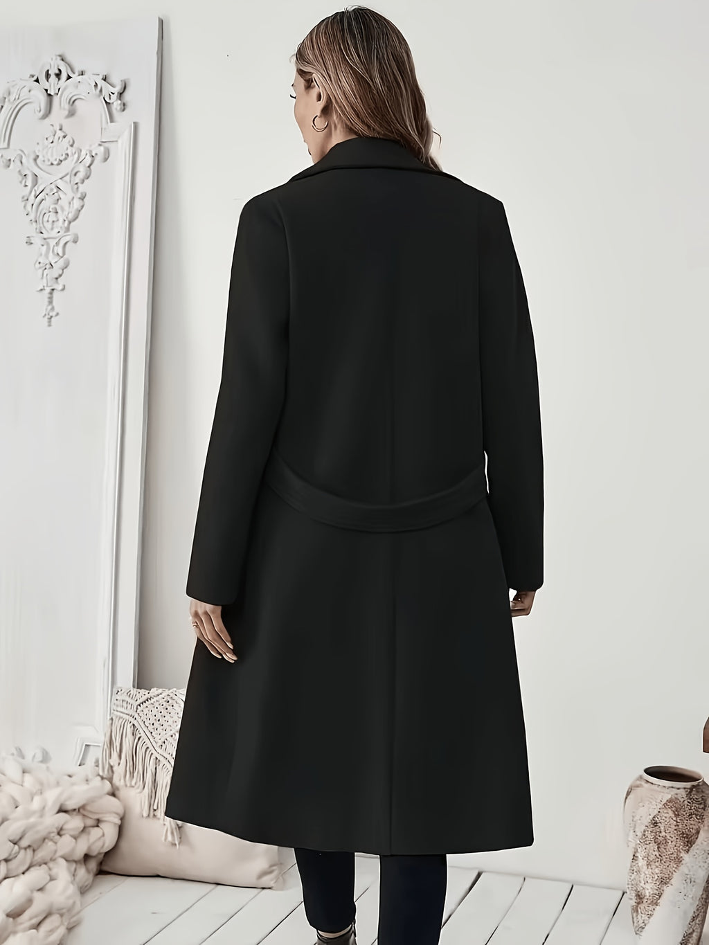 New Autumn/Winter Classic Notched Lapel Long Coat for Women, Waist-Cinching with Tie Belt and Two-Button Design, Over-the-Knee Outerwear, Elegant Commuter Style, Draped and Structured Long-Sleeve Coat with Side Pockets, Simple and Versatile, Slim Fit - Black