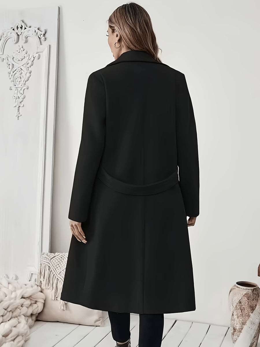 New Autumn/Winter Classic Notched Lapel Long Coat for Women, Waist-Cinching with Tie Belt and Two-Button Design, Over-the-Knee Outerwear, Elegant Commuter Style, Draped and Structured Long-Sleeve Coat with Side Pockets, Simple and Versatile, Slim Fit - Black