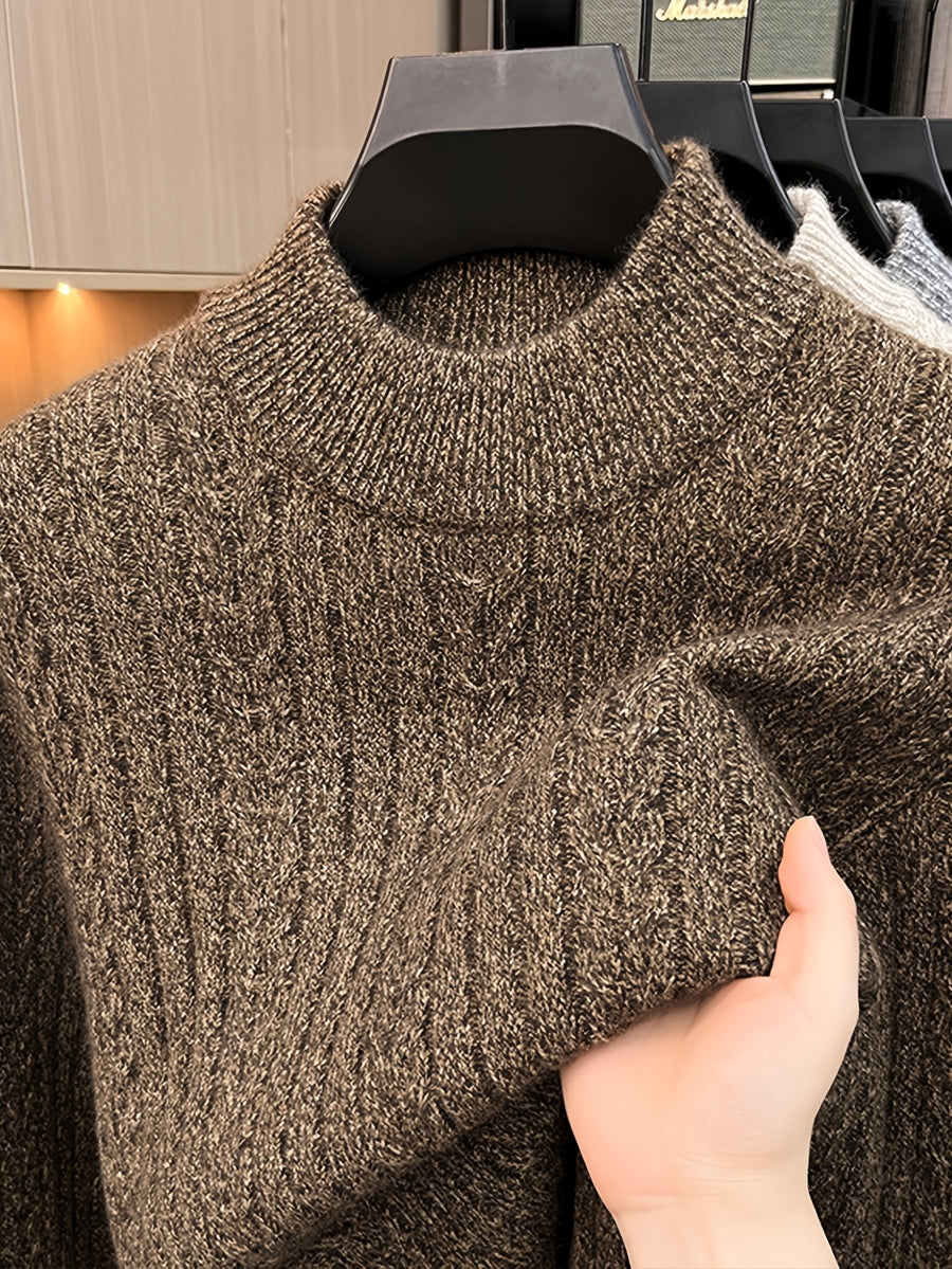 Men'S Semi-High Neck Jacquard Knit Sweater, Yarn Blend Thick Textured Velvet Base Layer, Stable Business Autumn Winter Knit Top - SINBOS - Little Flower Coffee