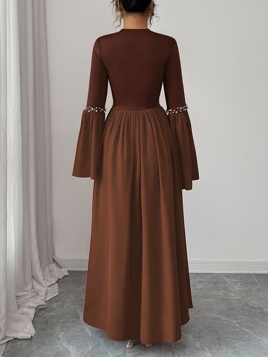 Women'S Elegant Long Sleeve Flared Waist-Cinching A-Line Dress with Pearl Round Neck - Dark Brown