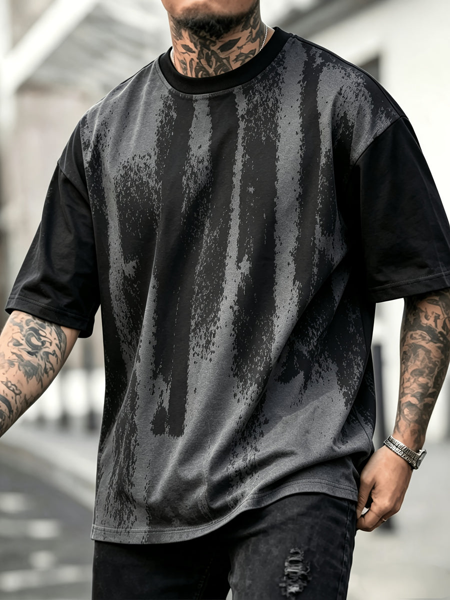 Men'S Oversized Drop Shoulder Crew Neck Short Sleeve T-Shirt, Vintage Faded Vertical Splash Print Elastic Loose Fit Hip Hop Streetwear Basic Tee, Breathable Relaxed Cut Summer Daily Outdoor Workout Casual Top for Men - Black