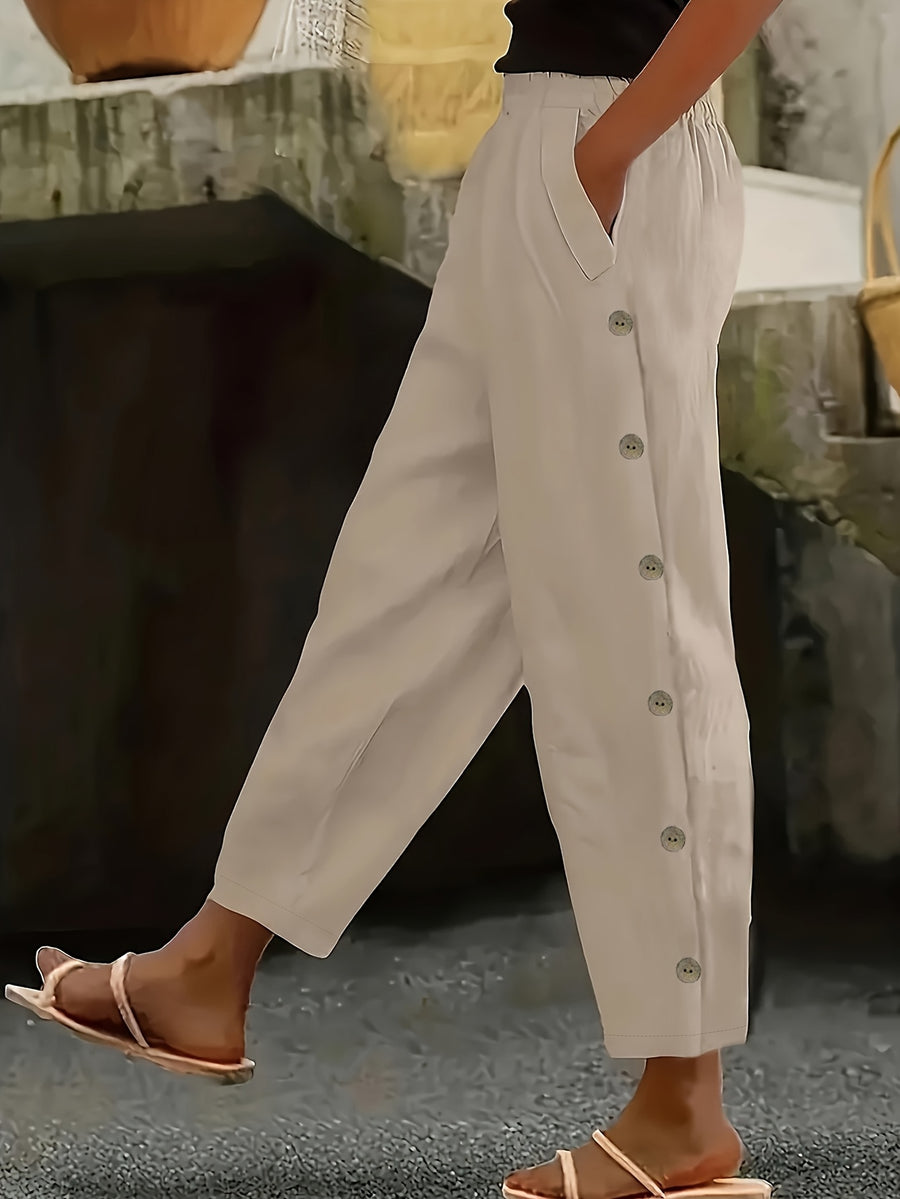 Solid Color Multi-Button Fashion Casual Ankle Pants - Casual Pants 0427 - Khaki