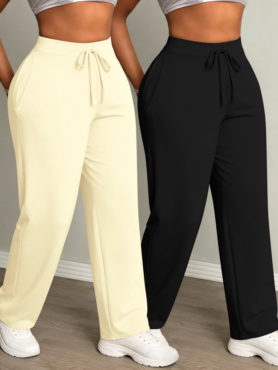 Women's Fashion Daily 2pcs Set, Comfortable Loose-Fit Solid Color Drawstring Waist Wide-Leg Sweatpants - Apricot+Black