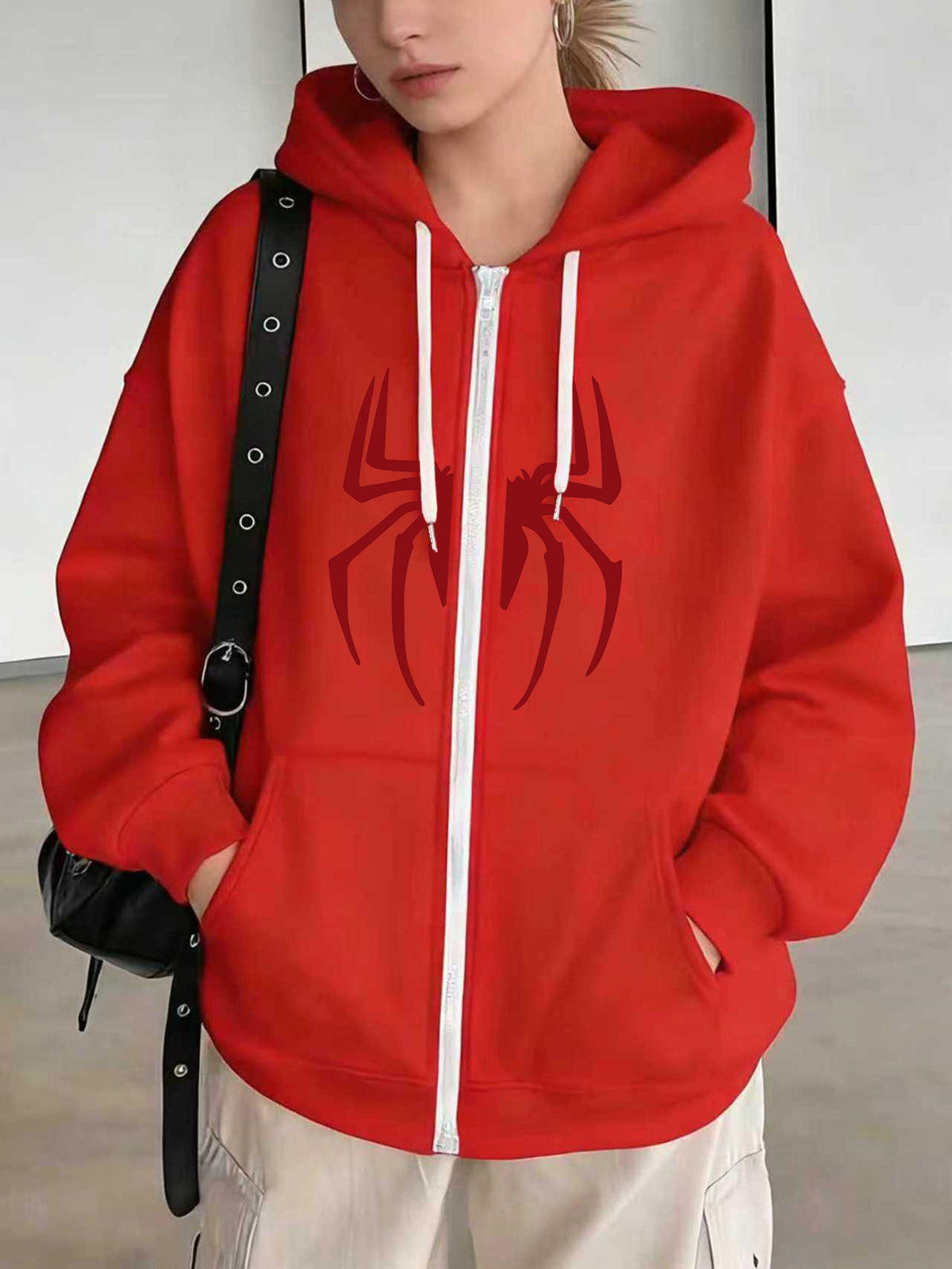 Licensed by Wb-Women'S Hoodie with Spidey Print-Spring And Autumn Casual Zip Hoodie, Fashion Sweatshirt, Spring And Autumn Vibrant Hoodie Zip Hoodie, Women'S - Red