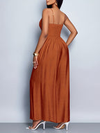 Women'S Draped Front Lace Up Backless Wide Leg Cami Jumpsuit | Elegant Solid Color, Sleeveless, Long Length, Suitable for Everyday Wear & Vacation - Maroon