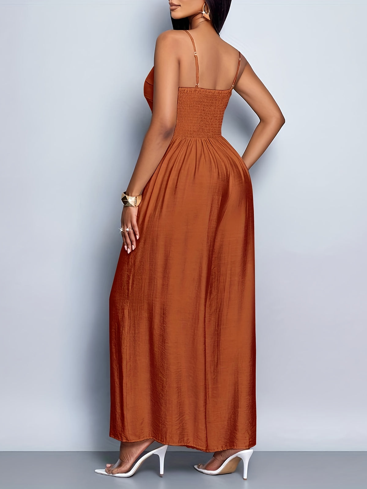 Women'S Draped Front Lace Up Backless Wide Leg Cami Jumpsuit | Elegant Solid Color, Sleeveless, Long Length, Suitable for Everyday Wear & Vacation - Maroon