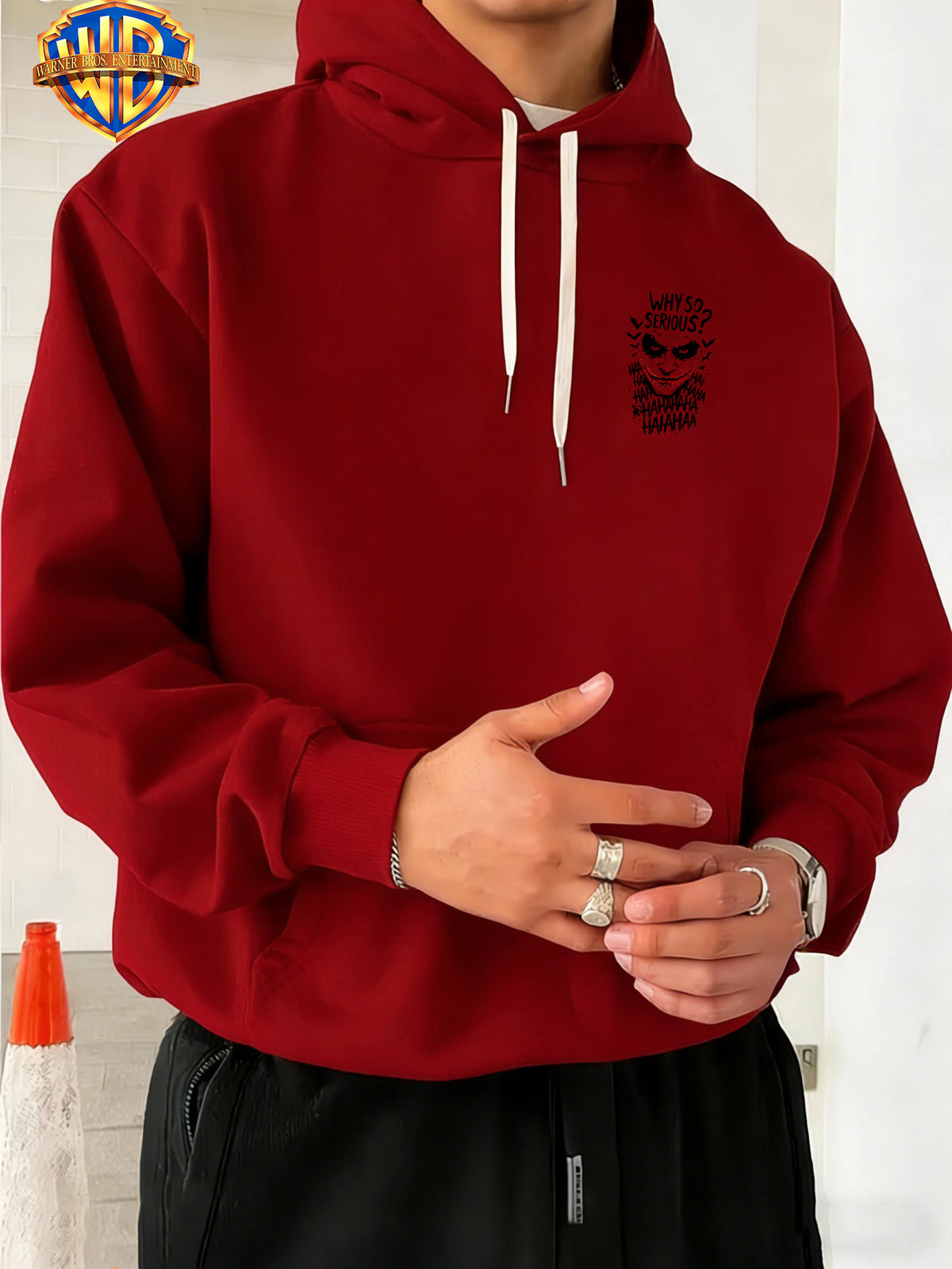 Licensed by Warner Bros., Trendy Cool Dark Distressed Joker Head, Classic Quote Slogan Bat Silhouette Street Retro Graffiti Trendy Cool Print Men'S Fashion Hooded Sweatshirt, Sleeve Print Design, Kangaroo Pocket, Drawstring Hood - Red