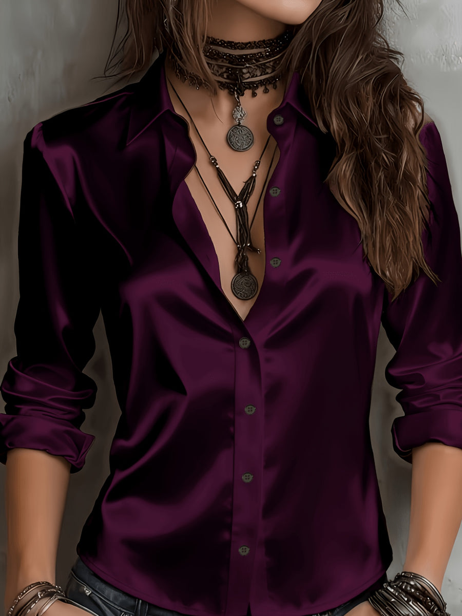 Women'S All-Season Temperament Commuter Satin Shirt - Fuchsia