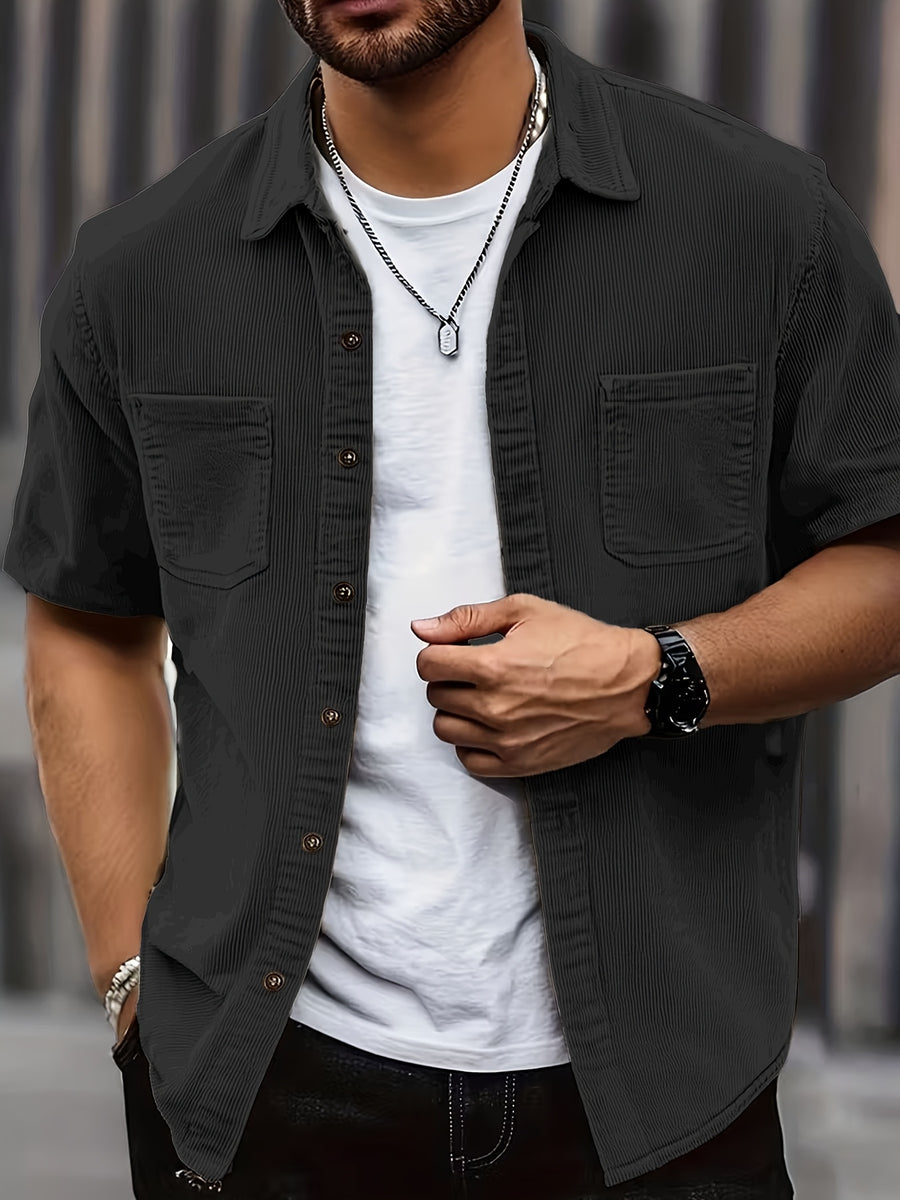 [Textured Corduroy] Men'S Short-Sleeved Shirt Double Pocket Loose Slimming Commuter Jacket - Black