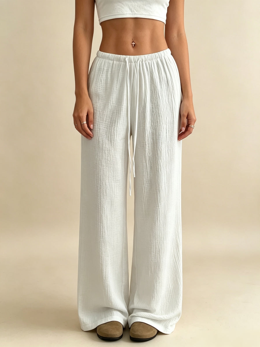 Women's Solid Color Wide-Leg Trousers - Elastic Waist Straight-Leg Pants with Adjustable Drawstring, Lightweight Loose Wide Pants Suitable for Spring Summer Fall, Casual Office Wear, Machine Washable Wide Leg Pants for Blouses - White