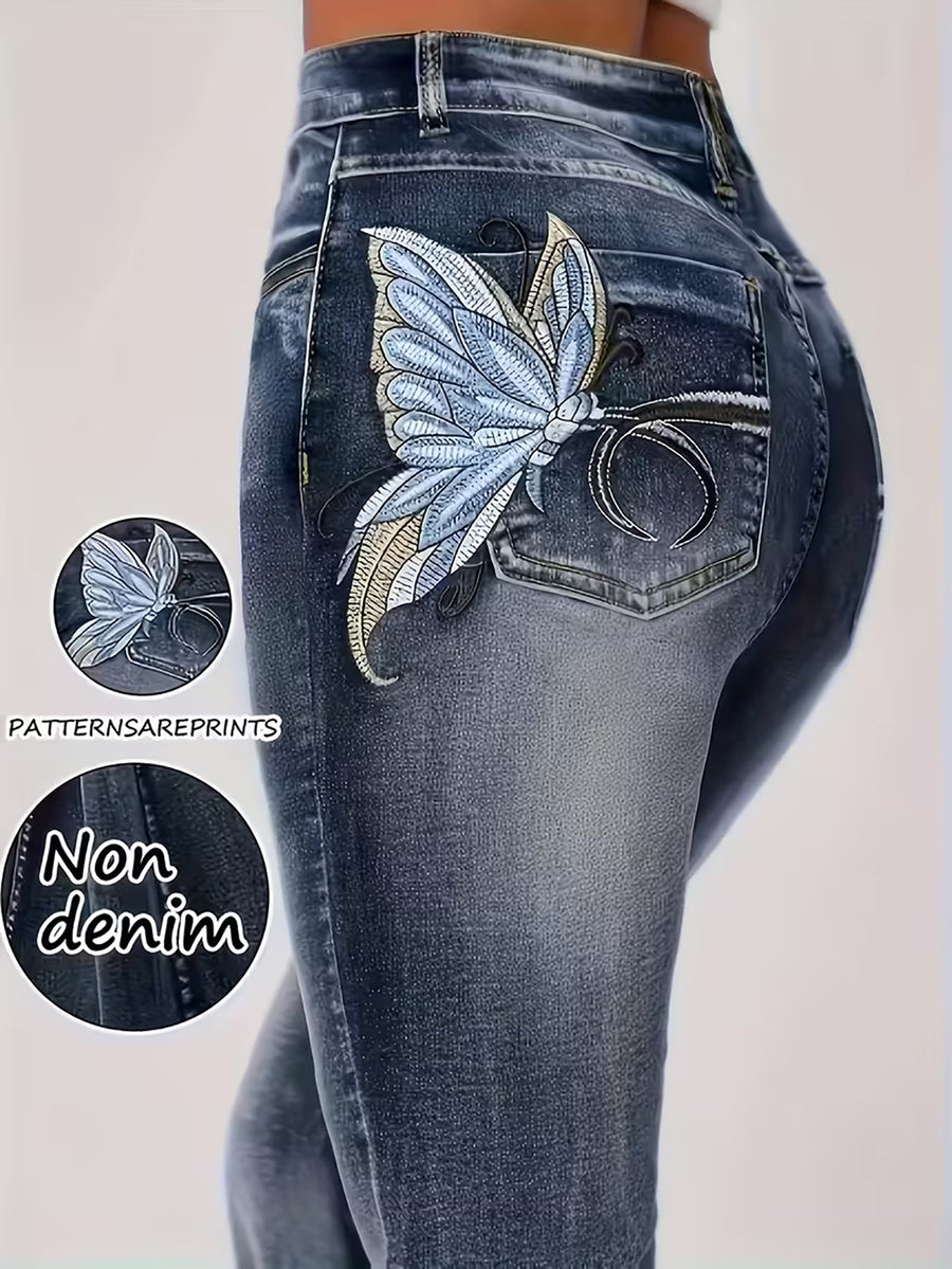 Effect Printed - Not Fabric Butterfly Print Flare Pants, High-Waist Stretchy Slim Fit, European and American Hot Style Leg-Lengthening Trousers - Navy Color