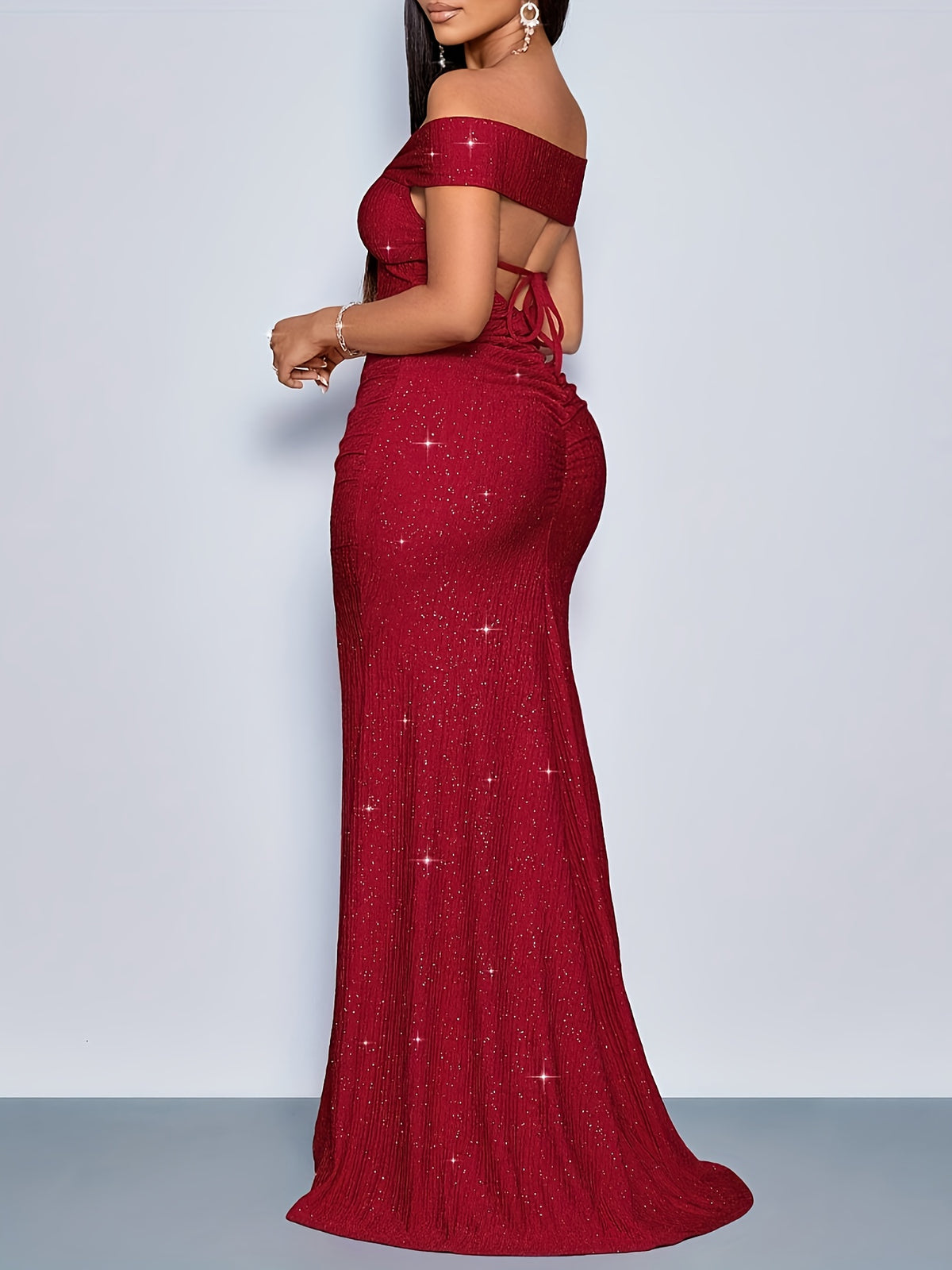 A Women'S Bridesmaid Dress Suitable for Parties, Vacations, And Dates, Featuring an Elegant Solid Color, Stylish Twisted Off-Shoulder Design, Backless Straps, High Slit, And a Mermaid Silhouette with Metallic Sheen - Burgundy