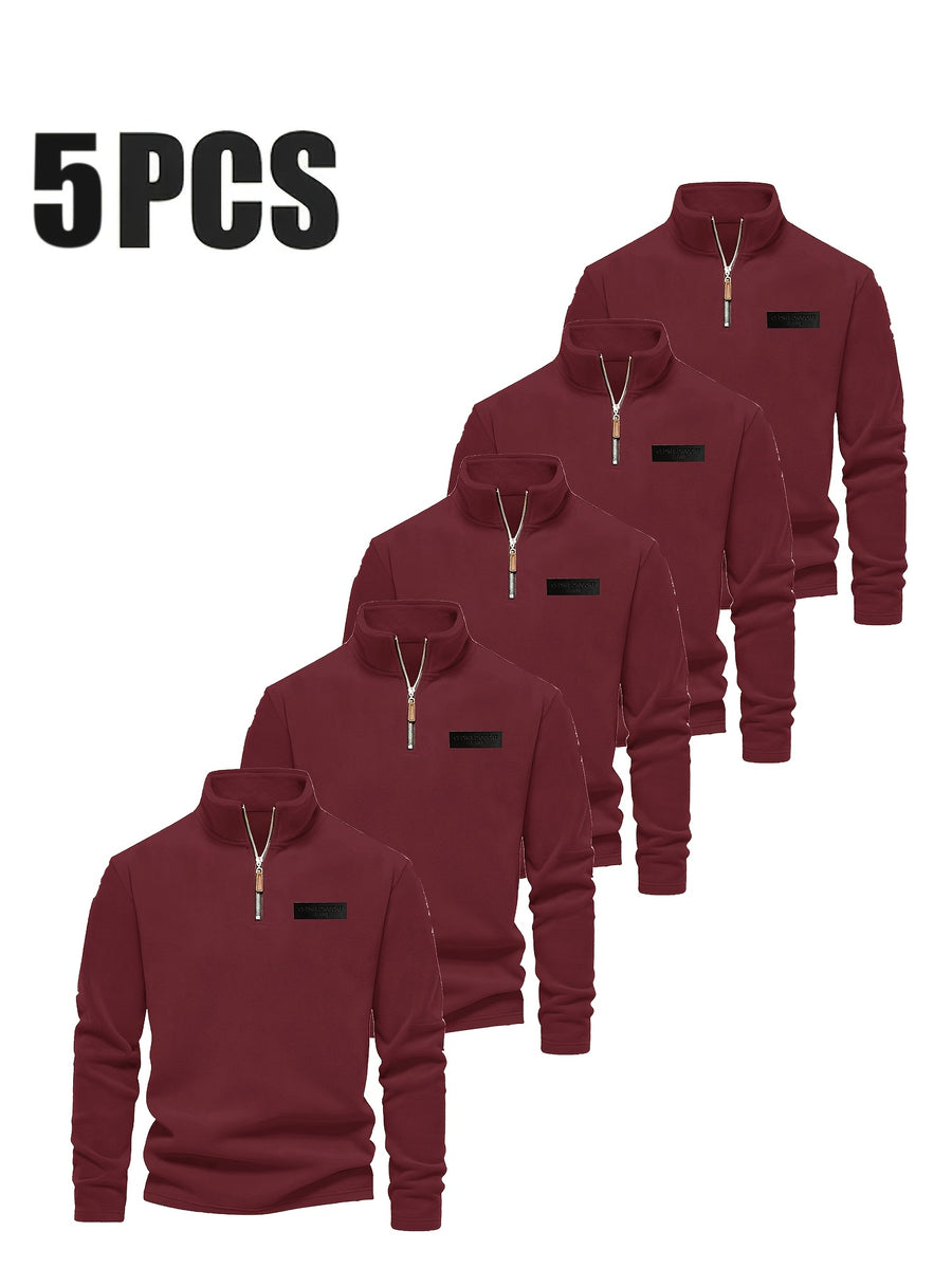 Men'S Winter Base Layer Outer Wear Comfortable Fleece Warm Stand-Up Collar Long Sleeve Sweatshirt 5pcs Set - Dark red + dark red + dark red + dark red + dark red