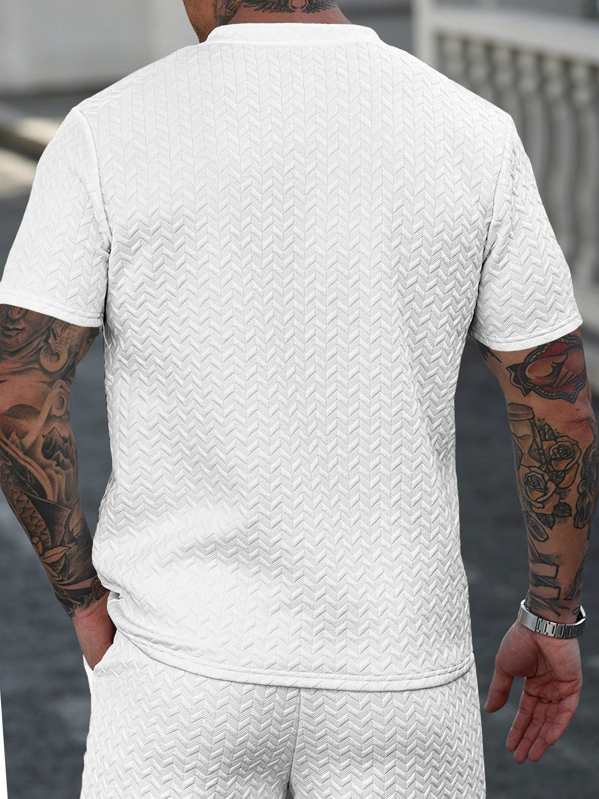 Men's Summer Casual Textured Short-Sleeve T-Shirt, Breathable Textured Jacquard Crew Neck Henley Shirt with Buttons, Regular Fit Suitable for Outdoor and Daily Wear, Men's Textured Short-Sleeve Henley Shirt - White