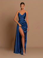 2025 Designer Dress - Satin Bodycon with Thigh Split | Black Tie Party Dress - Blue