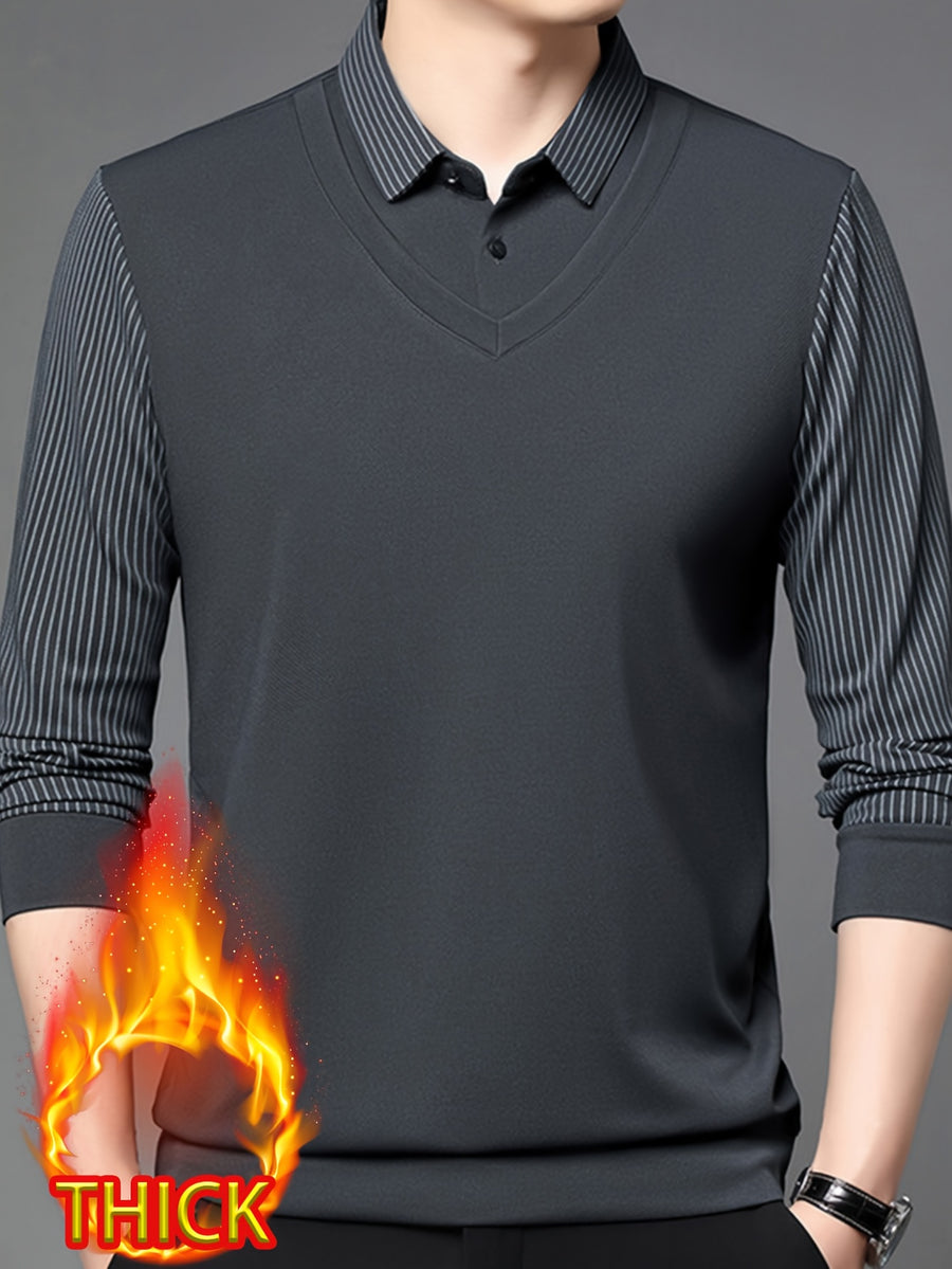 Autumn/Winter Men's 2-in-1 Look Shirt Collar Top with Striped Sleeves, Thick and Warm, Well-Fitted Cut, Versatile Pullover for Commuting - Medium Gray