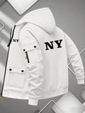 Men'S Basic NY Uppercase Letter Print Cargo Hooded Zipper Cardigan Casual Jacket - White