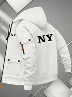 Men'S Basic NY Uppercase Letter Print Cargo Hooded Zipper Cardigan Casual Jacket - White