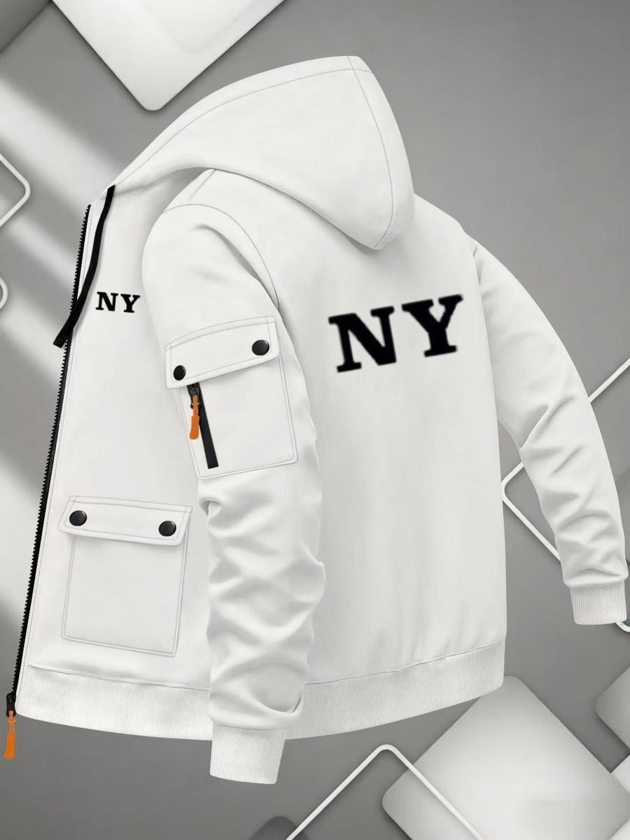 Men'S Basic NY Uppercase Letter Print Cargo Hooded Zipper Cardigan Casual Jacket - White