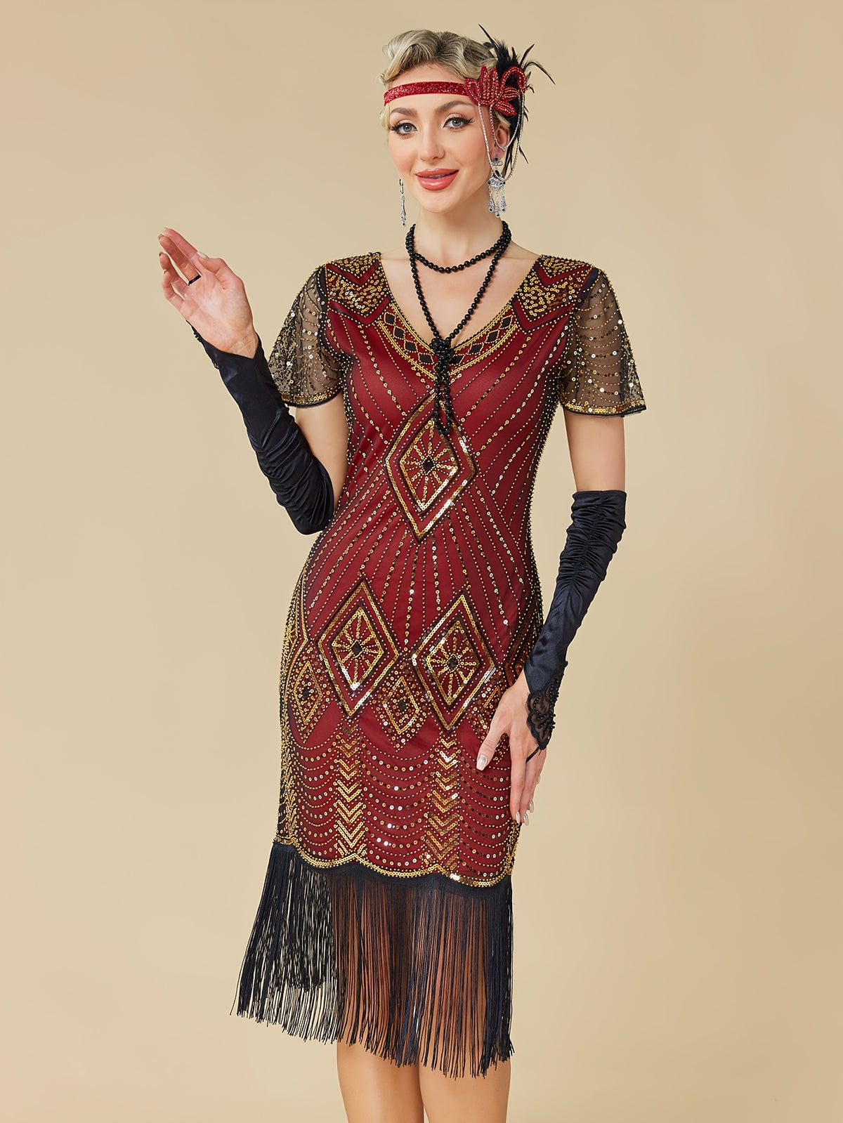 1920S Vintage Sequin Skirt Gatsby Ball Fringe Dress Party Evening Dance Dress Sequined Gown (Dress Solely, No Gloves) - Golden Red