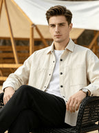 Men'S Cargo Long Sleeve Shirt, Pure Casual Blouse Loose Multi-Pocket Design Breathable Durable Fabric Street Outing Light Outdoor Camping Versatile Casual Top - Off White