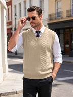 Xingfan OBM Men's Autumn/Winter Light Luxury New Ribbed V-Neck Cable Knit Vest, Rhombus Jacquard Sleeveless Sweater Cardigan, Business Gentleman's Layering Knit Top. Soft and Warm Knitted Fabric, Vintage Three-dimensional Cable Knit Rhombus Texture - Khaki