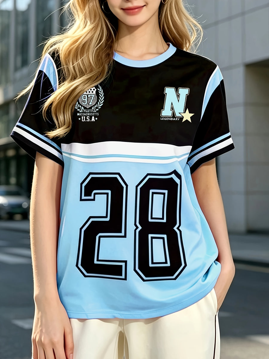 Women's Casual Streetwear T-Shirt with "71.12cm Number and Letter Print, Y College Style Women's Tee, the Best Gift for Friends and Family - Black A