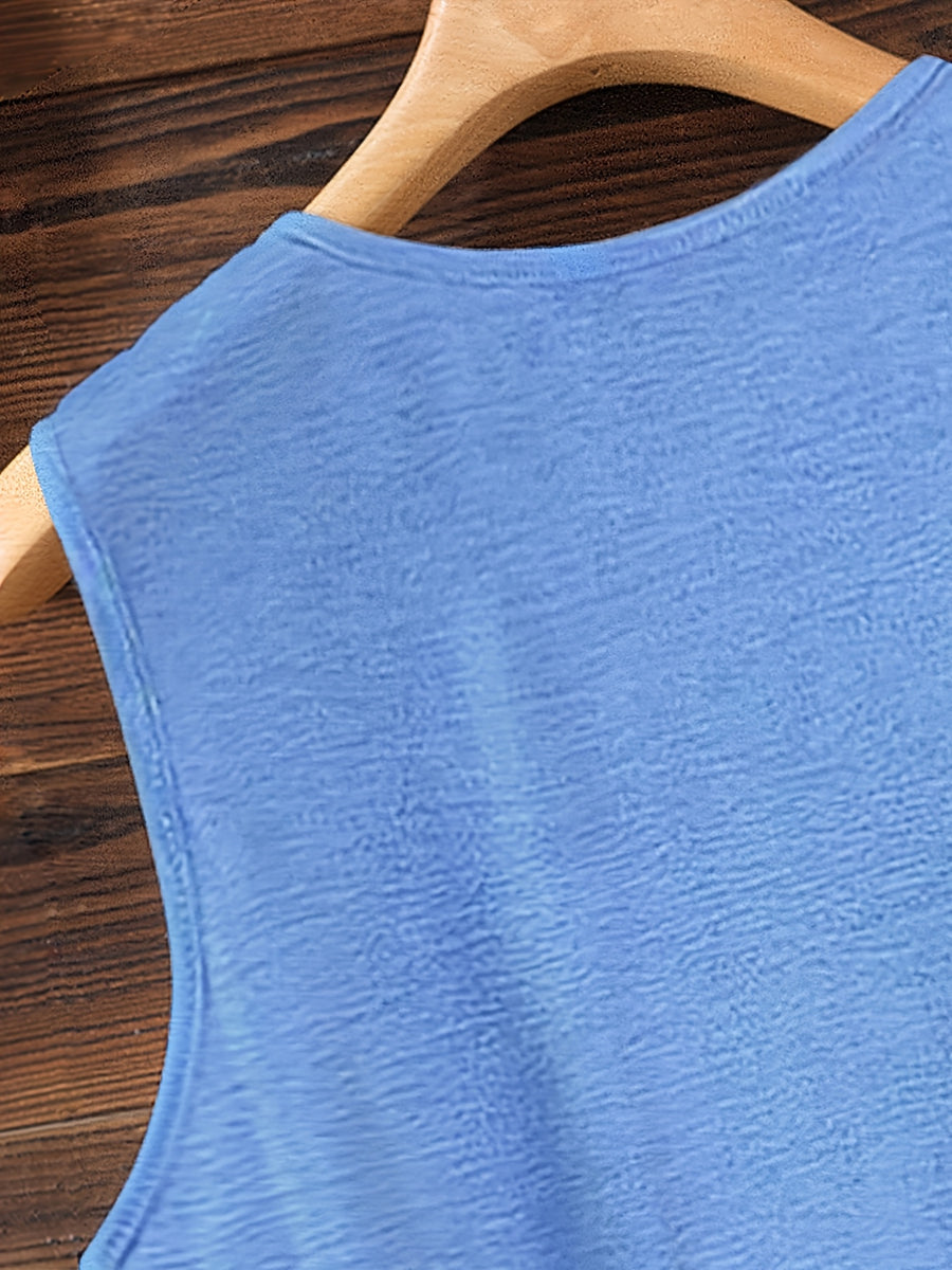 Sleeveless V-Neck Casual Tank Top with Letter Print, Perfect for Summer And Spring, Women'S Apparel - Blue