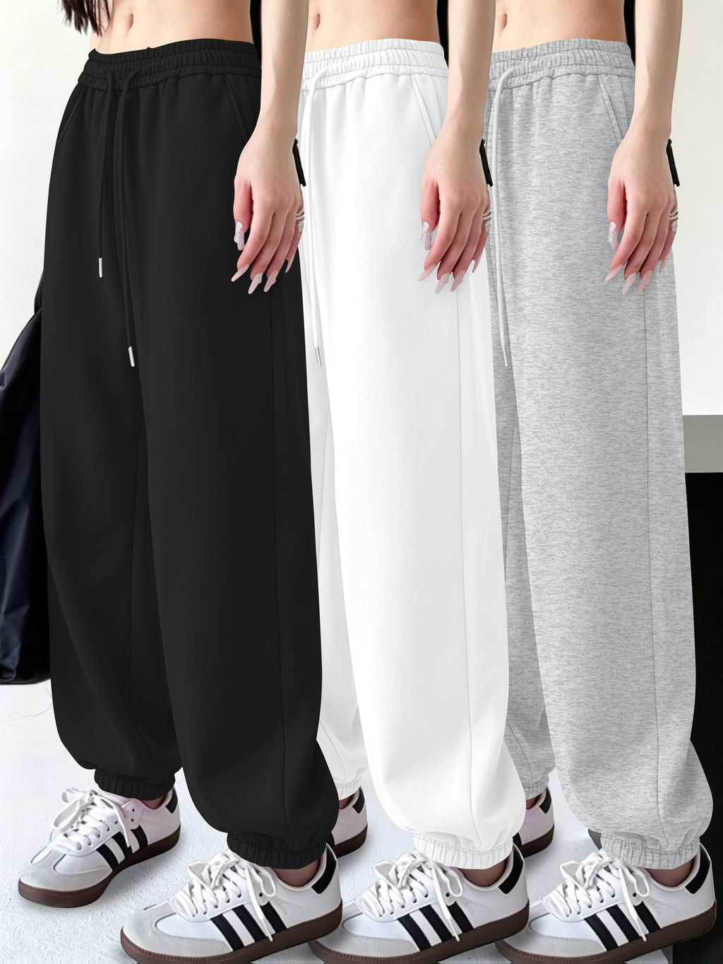 3pcs Set Halloween Casual Long Pants Elastic Waistband Pants, Warm Elastic Waistband Casual Trousers for Women's Outerwear in Fall/Winter - Black+White+Grey
