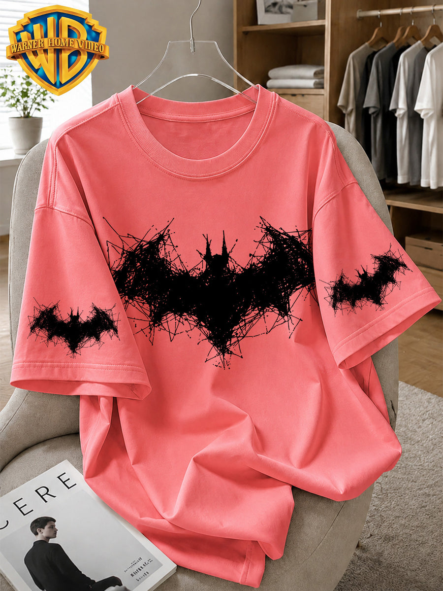 Warner Bros. Officially Licensed Batman Abstract Line Drawing Logo Printed Men's Cotton Short-Sleeved T-Shirt, American Retro Street Style, Soft and Breathable, Suitable for Daily Wear, Streetwear, Fitness, and Outdoor Use - Watermelon Red