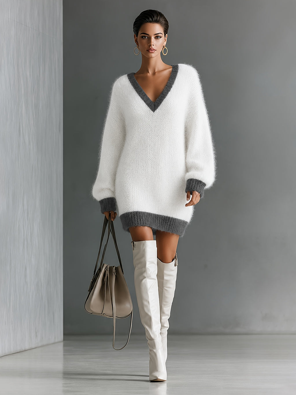 Women's Contrast Color Multi-Color Option Trimmed V-Neck Plush Fluffy Dress, Loose Long-Sleeve Pullover Dress, Autumn Winter Casual Lazy Short Dress, Suitable for Autumn and Winter Wear, Daily Classic Versatile Style - White