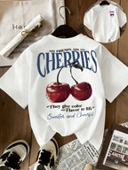 Linglong Women's Casual Round Neck Short Sleeve T-Shirt with Cherry Fruit and Letter Print for Spring/Summer - White