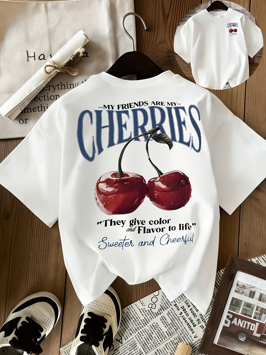 Linglong Women's Casual Round Neck Short Sleeve T-Shirt with Cherry Fruit and Letter Print for Spring/Summer - White