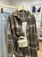 Women's plaid shirt spring and autumn jacket loose lazy style new Korean version versatile casual top spring and autumn thin version petite American retro Hong Kong style vacation commuting essential - Coffee Color Grid