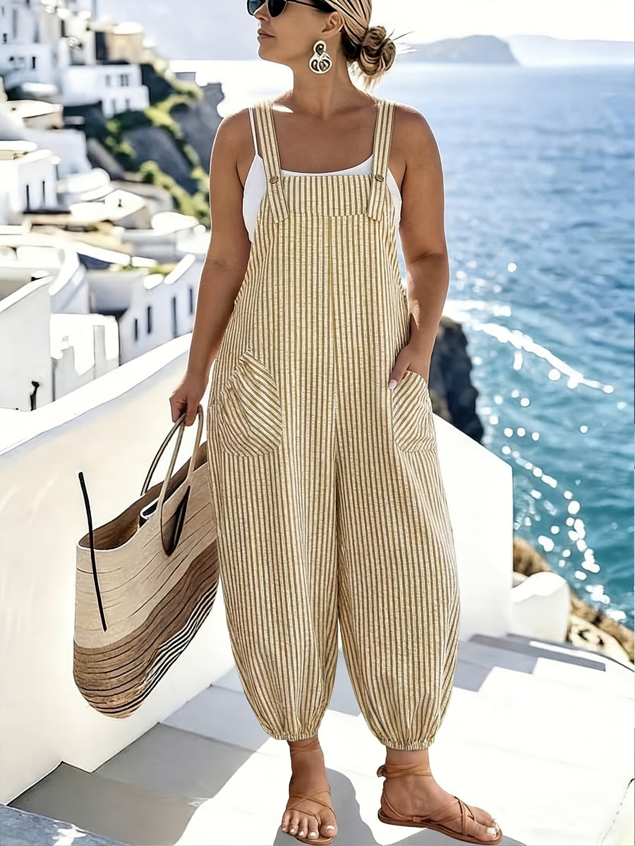 Standard Size Women's Spring/Summer Elegant and Fashionable Commuter Striped Pocket Cuffed Suspender Jumpsuit - Yellow And White Stripes