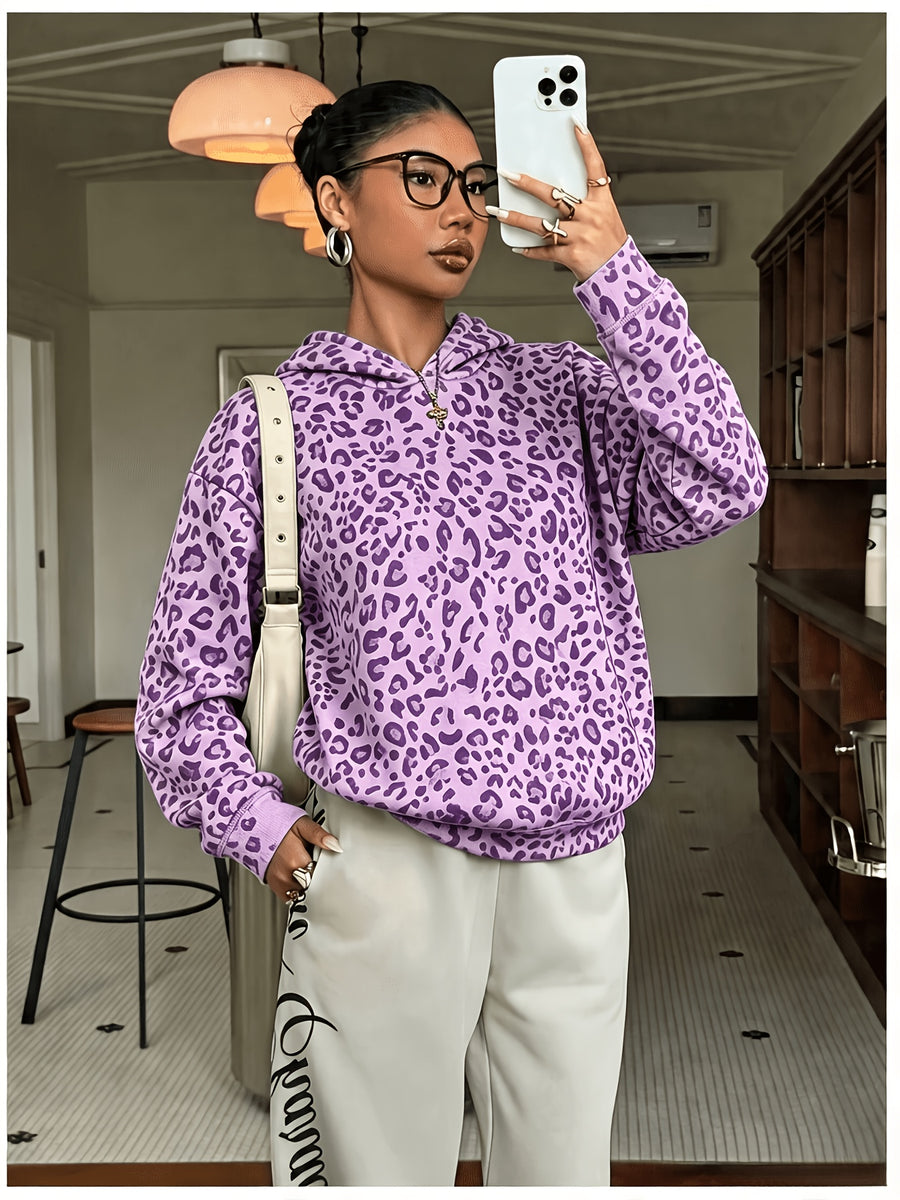 Women's Fashion Leopard Print Hoodie Sweatshirt - Dark Violet