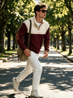 2026 New Men'S Color-Block Corduroy Sweatshirt - Casual Stand Collar, Long Sleeve with Ribbed Cuffs And Hem, Button Detail, Machine Washable - Elegant Two-Tone Patchwork for Fall, Autumn Fashion | Color-Block Design | Stretchable Fabric - Burgundy