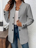 New Fashionable Solid Color Textured Double-button Decorative Pocket Long-sleeve Coat - Grey